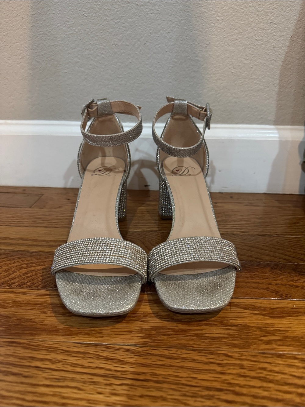Women's Silver Glitter Block Heel Sandals with Ankle Strap